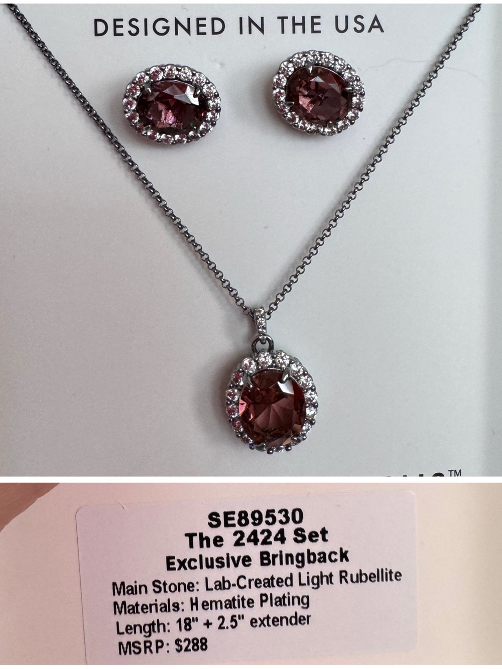 Light Rubellite Pendant & Stud Set with Hematite Plating - The 2424 Set